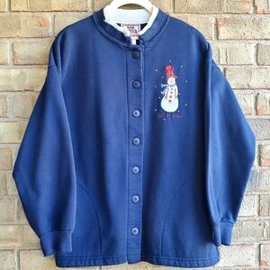1990s Sweatshirt Cardigan Winter Motif Snowman, Pocketed Women's Petite S…